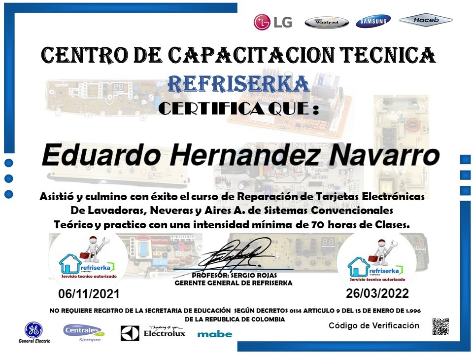 Certificado de Refriserka en reparación de tarjetas electrónicas de lavadoras, neveras y aires acondicionados de sistemas convencionales, 70 horas
