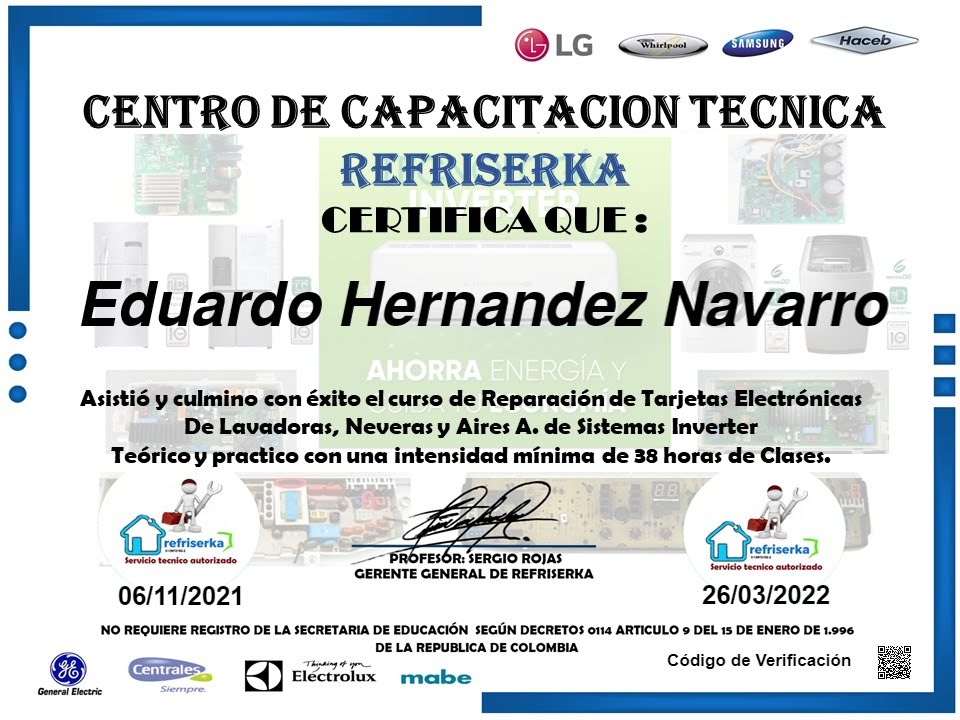 Certificado de Refriserka en reparación de tarjetas electrónicas de lavadoras, neveras y aires acondicionados de sistemas Inverter, 38 horas
