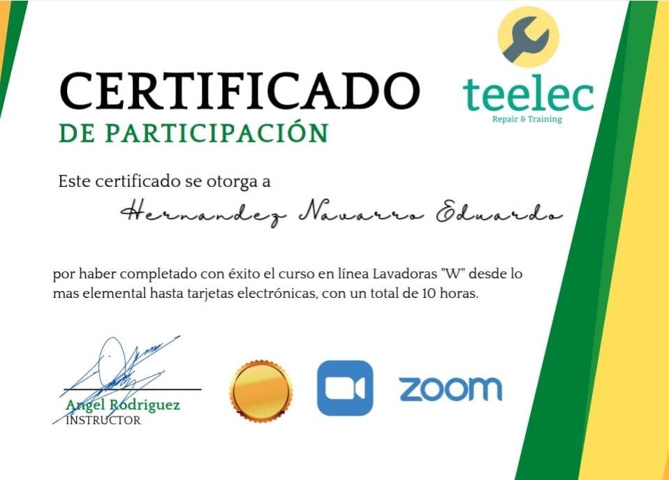 Certificado de participación de Teelec Repair & Training en el curso de lavadoras hasta tarjetas electrónicas, 10 horas